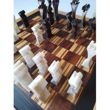 Шахи Арт Деко(resin)50x50 см, ясень, інкрустовані корінь американ. горіха, олива, ебен (140-0004)