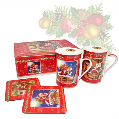 Набір 2 кружки Jingle bells +2 коркові підставки в металічній коробці (h-10 см, 250 мл) (880-9001)